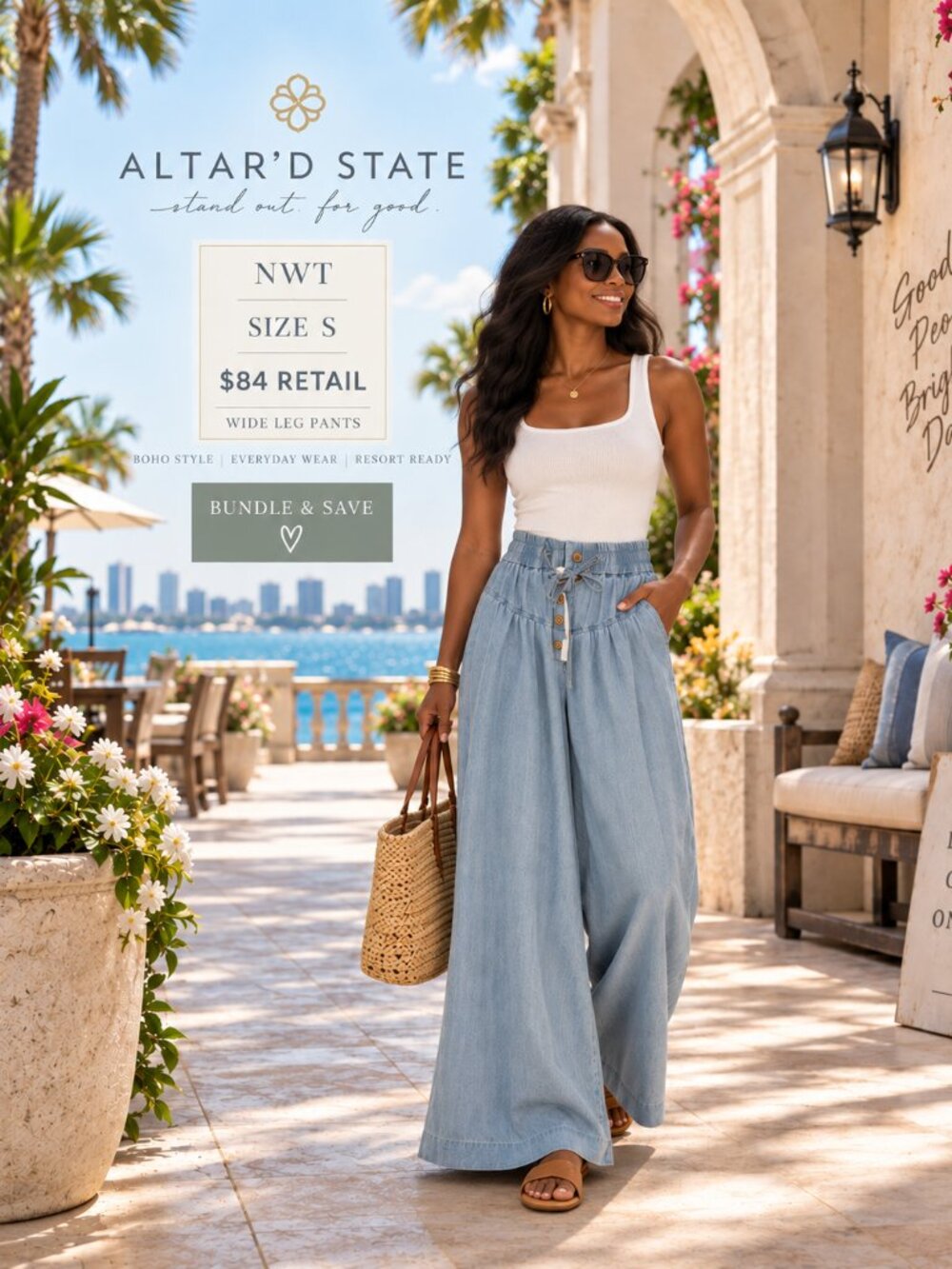 NWT Altar'd State Light Wash Chambray Wide Leg Pants S $84